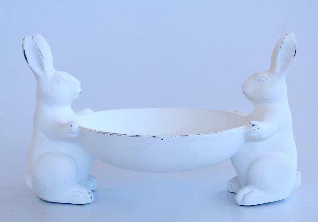 2 WHITE BUNNYS WITH BOWL  28X45X30CM